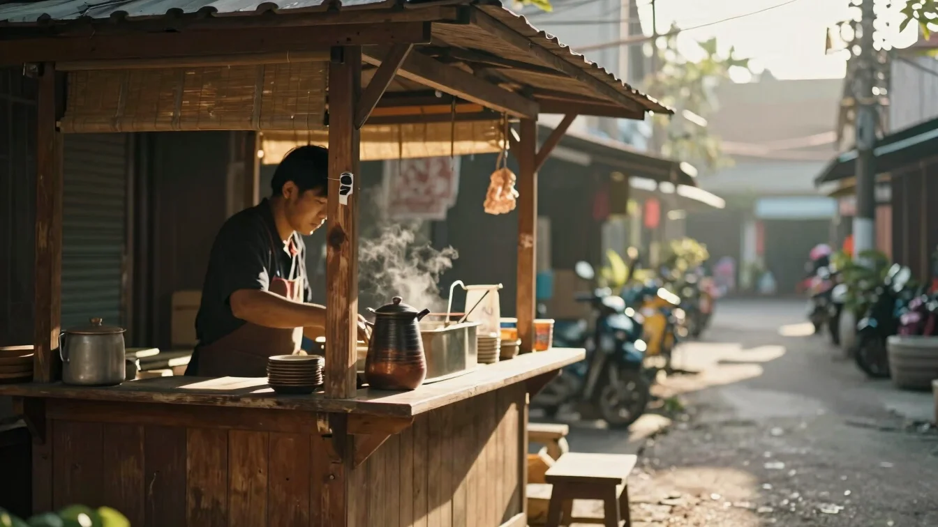 Atmospheric close-up of a traditional wooden coffee stall in a Southeast Asian alley, morning sunlight, shallow depth of
