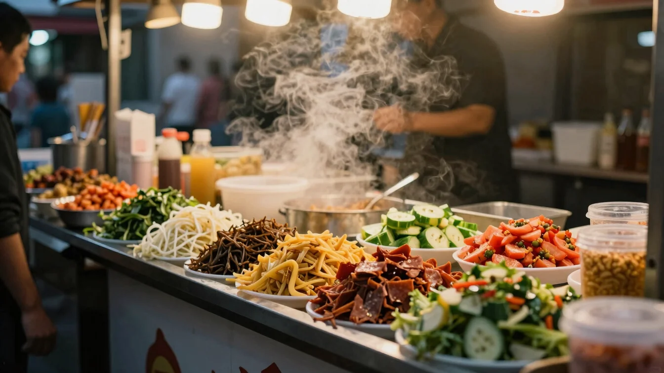 Authentic street food stall with colorful ingredients and gentle steam rising under warm evening light, candid street ph