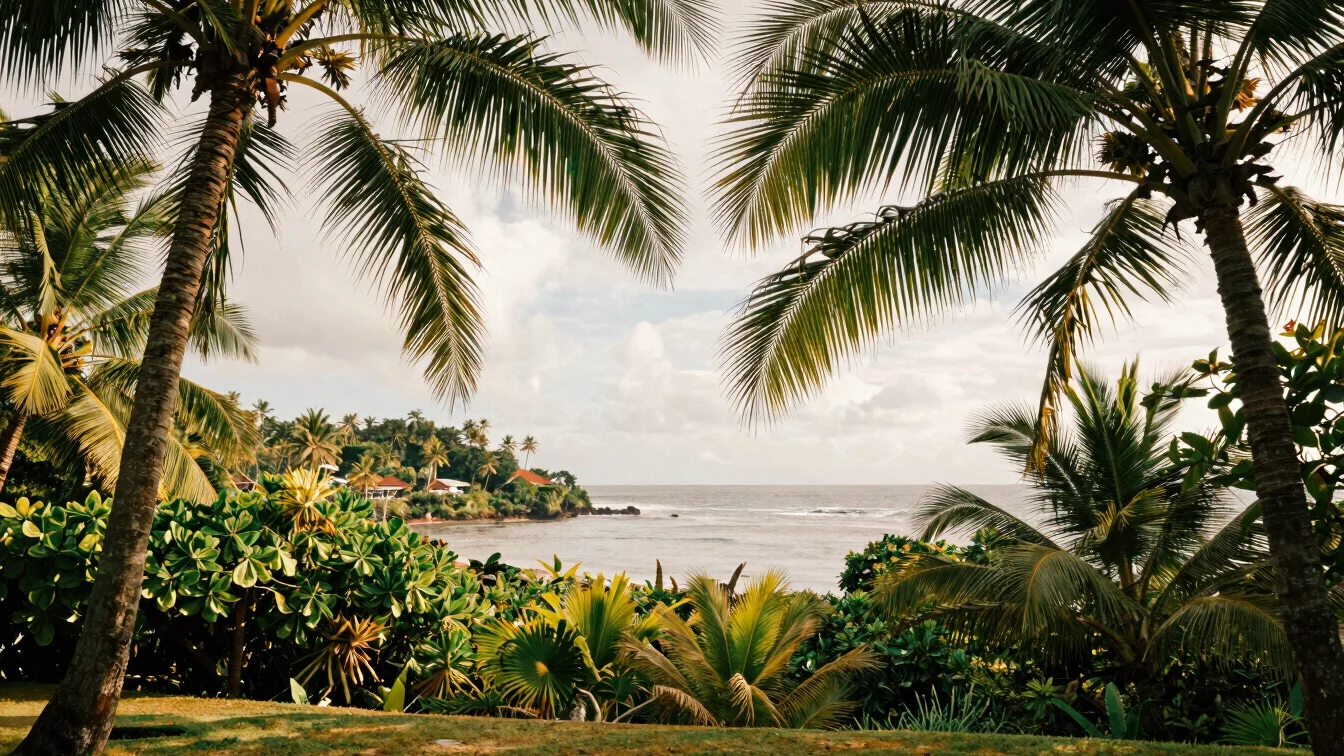 Lush tropical landscape and coastal vistas under bright overcast daylight, palm trees framing a quiet shoreline, warm ed