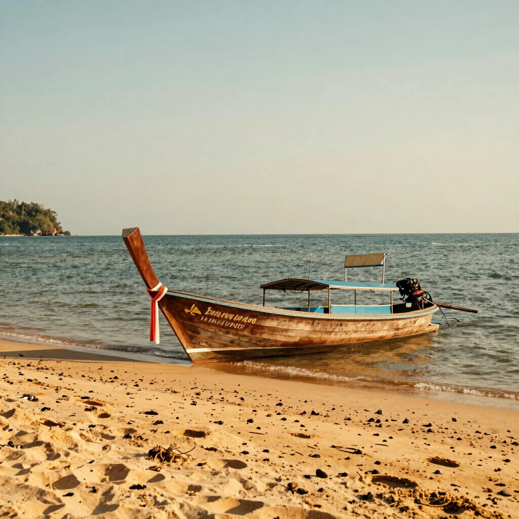 Quiet coastal view in southern Thailand, traditional wooden longtail boat resting on golden sand