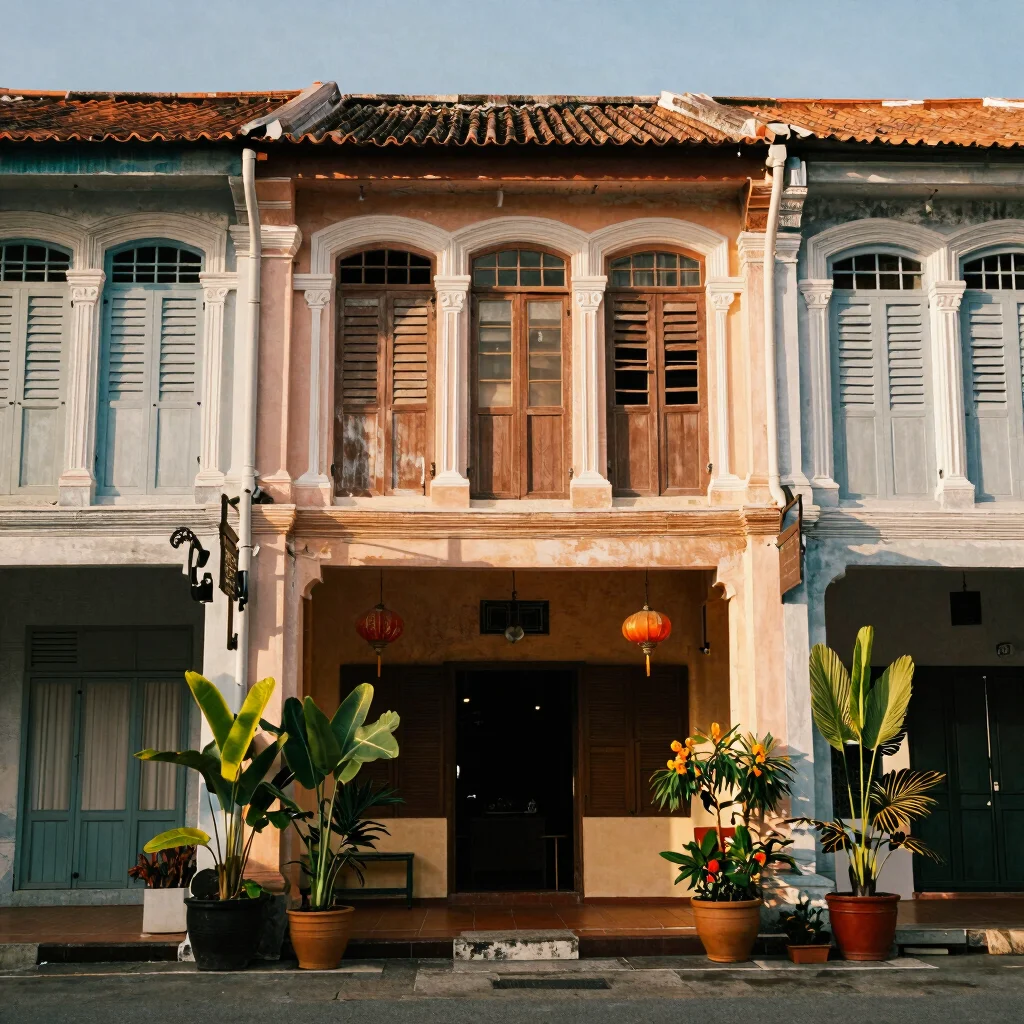 Architectural details of an old shophouse in Malacca, weathered pastel paint and tropical plants
