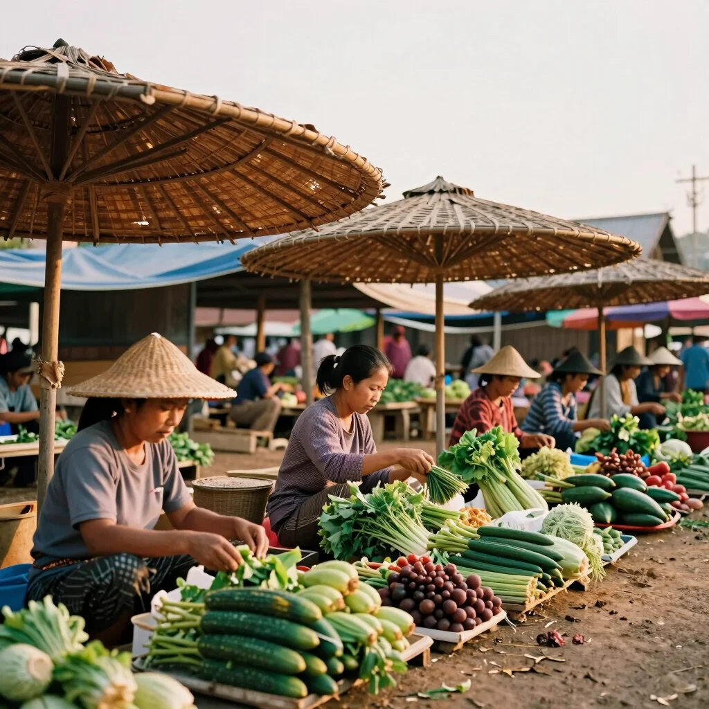 Morning market in rural Laos, locals buying fresh produce under woven bamboo sunshades