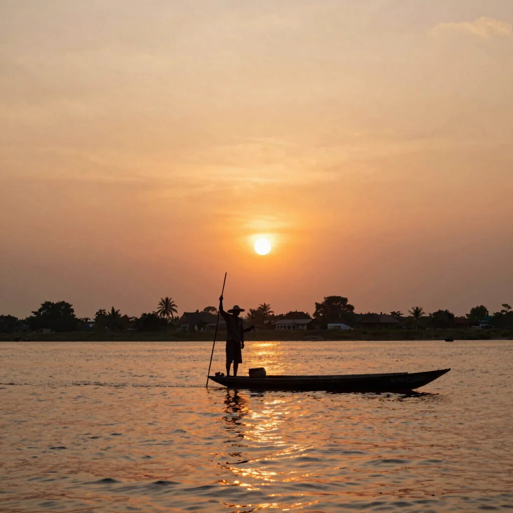 Hazy tropical sunset over the Mekong river, silhouette of fishermen in small wooden boats