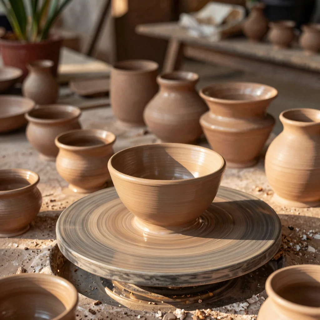 Detailed close-up of handmade ceramics at an open-air pottery workshop in northern Thailand