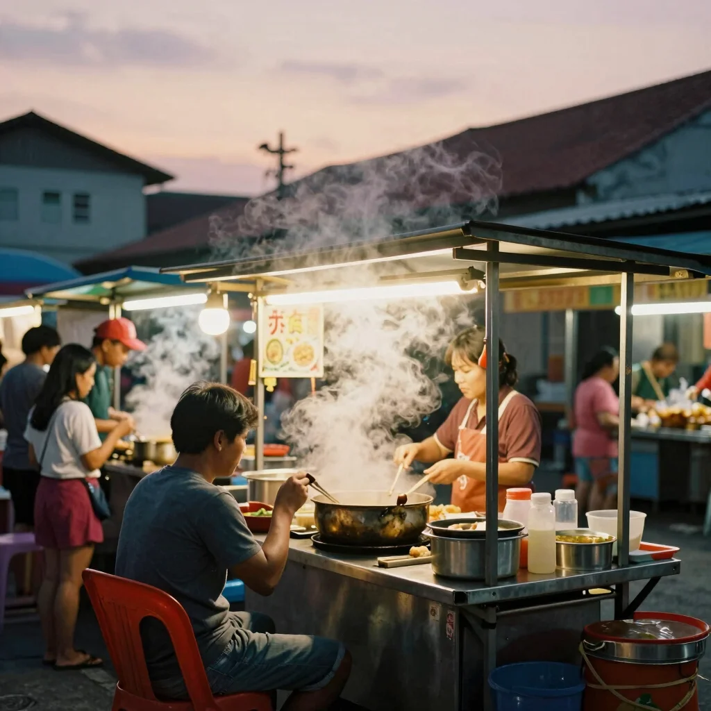 Candid street food stall in Penang at dusk, warm amber lighting, steam rising, film grain